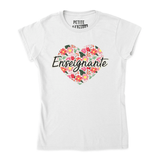 XL - T-shirt Ajusté blanc - Enseignante coeur et fleurs