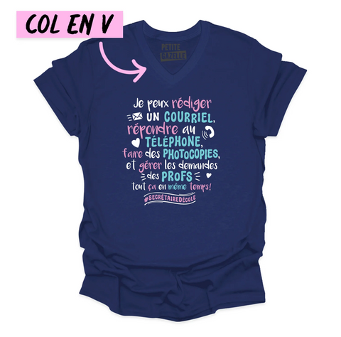 L - T-shirt Unisexe col en V bleu marine - Secrétaire d'école