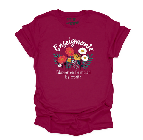 M - T-shirt Unisexe col rond bourgogne - Enseignante, fleurir les esprits