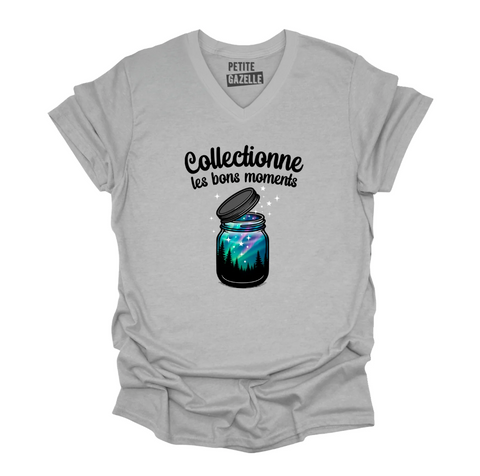 M - T-shirt Unisexe col en V gris pâle - Collectionne les bons moments