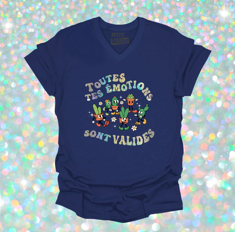 L - T-shirt Unisexe col en V bleu marine - Toutes tes émotions sont valides (Holographique)
