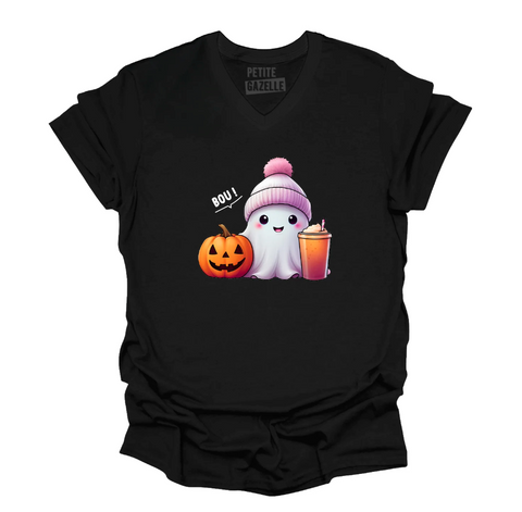 XXL - T-shirt Unisexe col en V noir - Mignon fantôme et citrouille