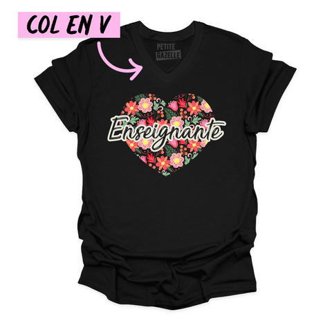 TSHIRT COL en V | Enseignante Coeur & Fleurs