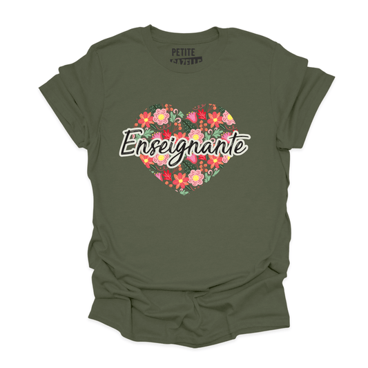 T - SHIRT COL ROND | Enseignante Coeur & Fleurs - T-shirt Unisexe Col Rond - Petite Gazelle Atelier