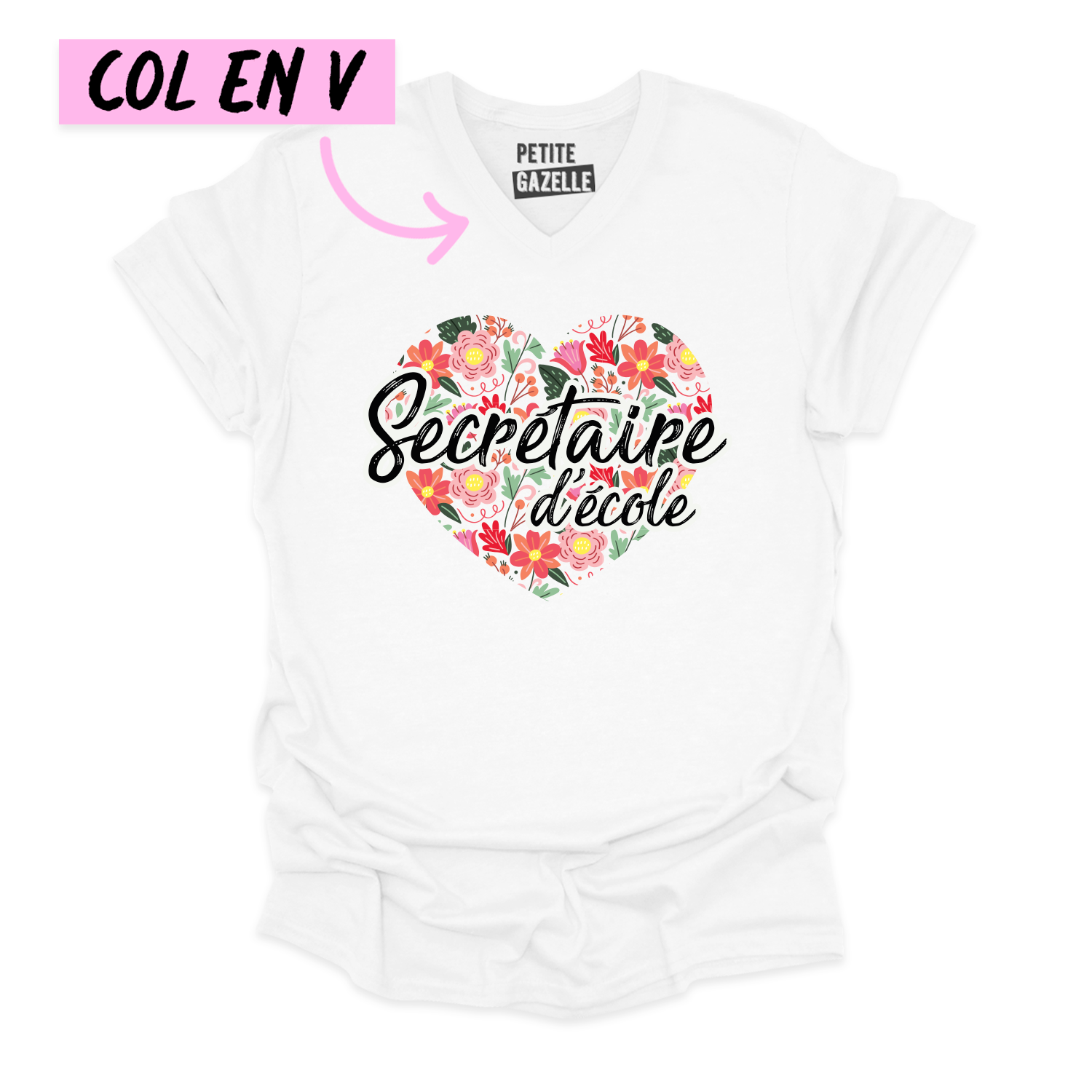 TSHIRT COL en V | Secrétaire Coeurs & Fleurs