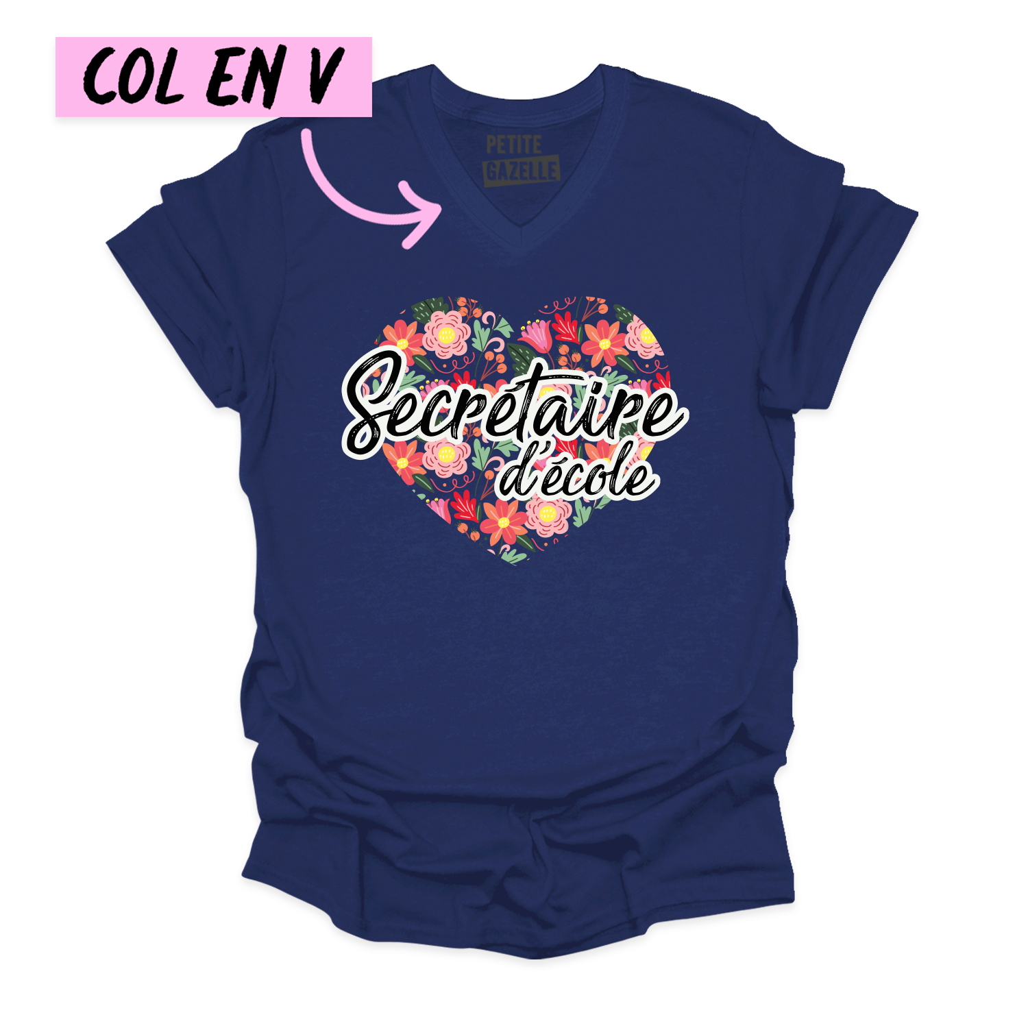 TSHIRT COL en V | Secrétaire Coeurs & Fleurs