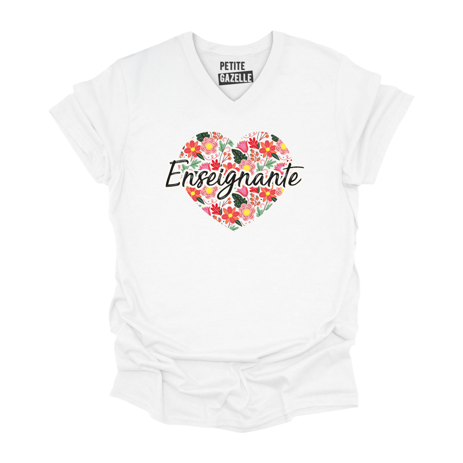 TSHIRT COL en V | Enseignante Coeur & Fleurs