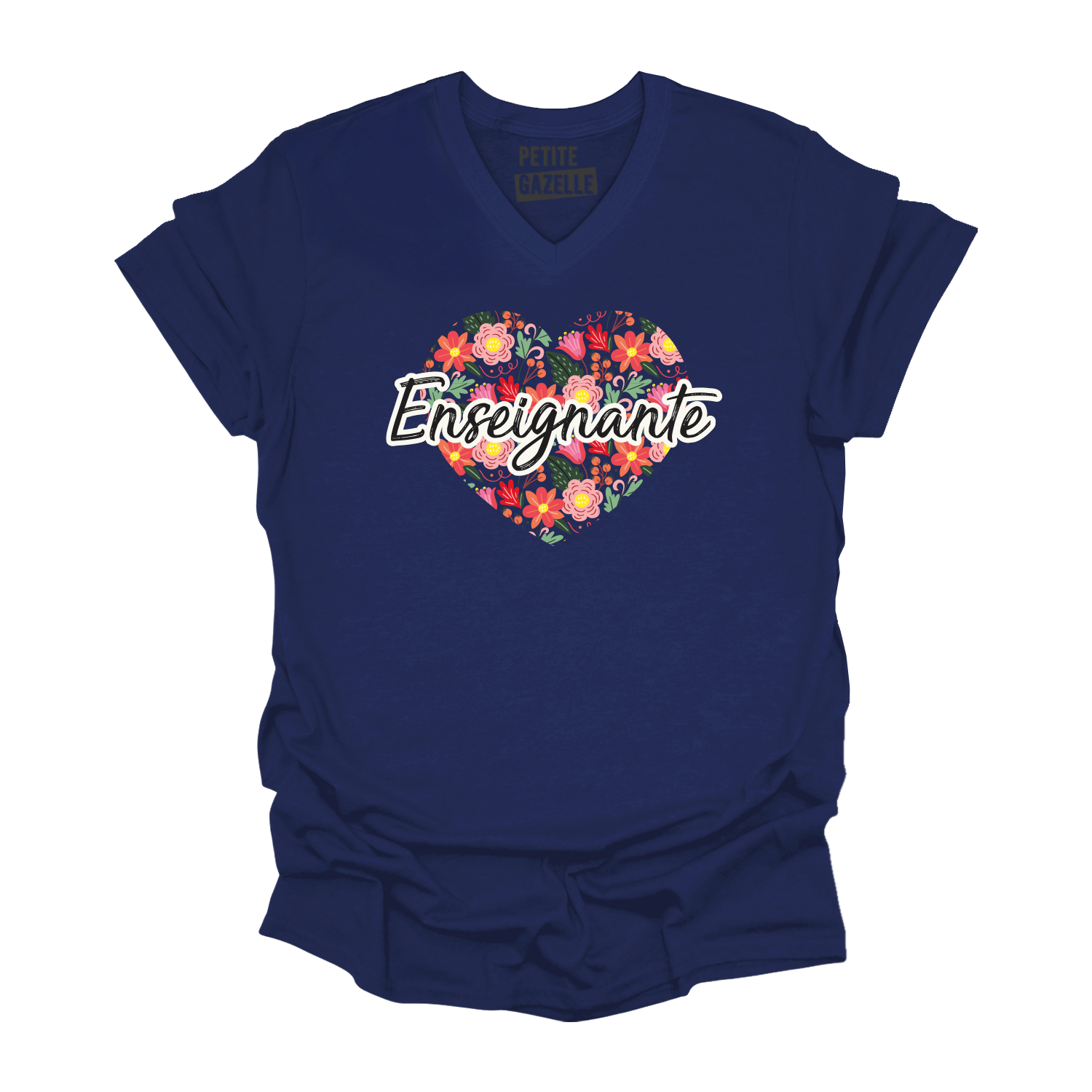 TSHIRT COL en V | Enseignante Coeur & Fleurs