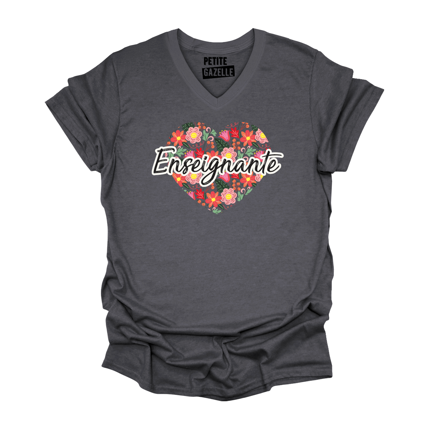 TSHIRT COL en V | Enseignante Coeur & Fleurs