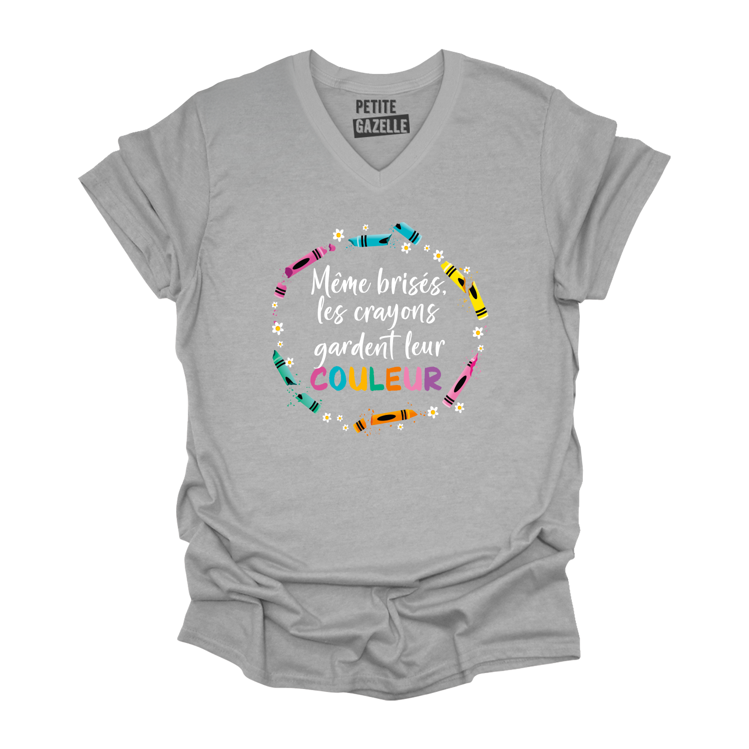TSHIRT COL en V | Même brisés, les crayons gardent leur couleur