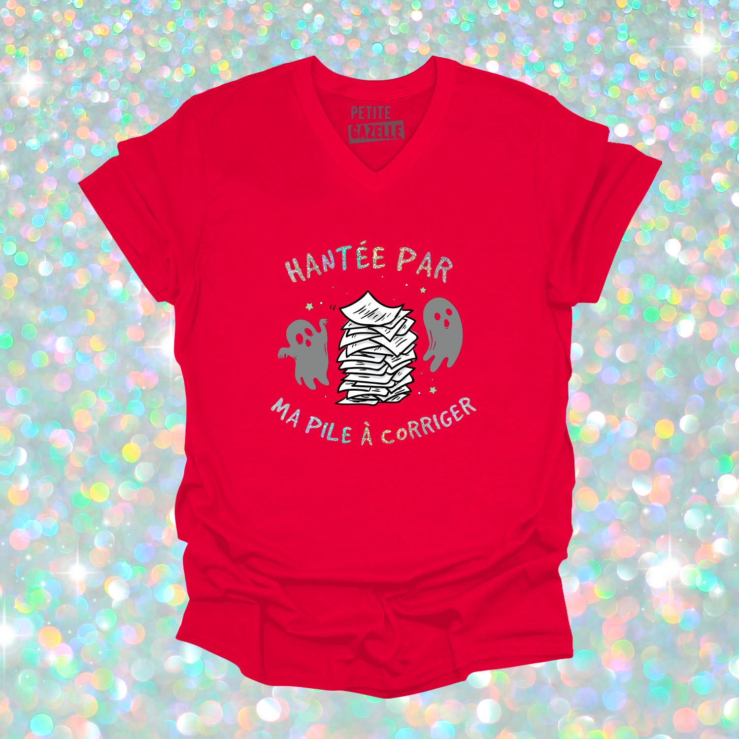 TSHIRT COL en V | Hantée par ma pile a corriger (Holographique)