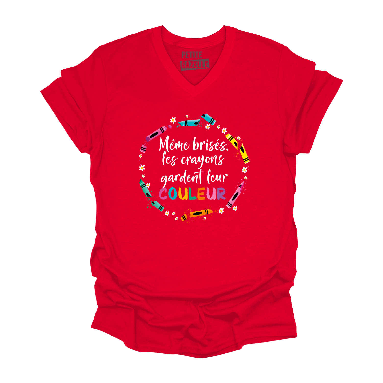 TSHIRT COL en V | Même brisés, les crayons gardent leur couleur