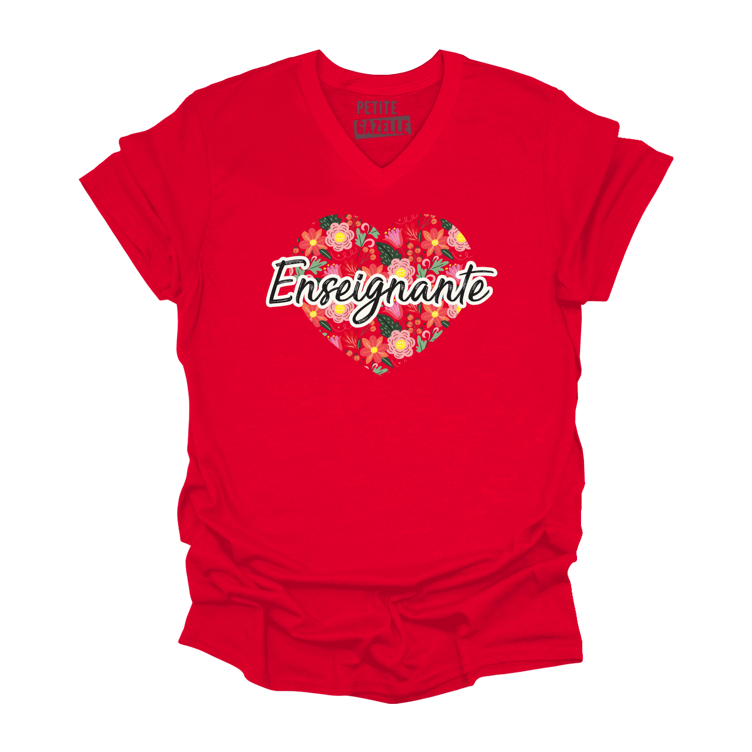 TSHIRT COL en V | Enseignante Coeur & Fleurs