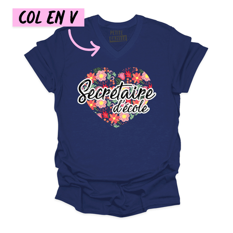 TSHIRT COL en V | Secrétaire Coeurs & Fleurs - T - SHIRT UNISEXE COL en V - Petite Gazelle Atelier