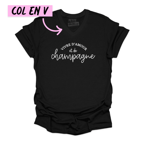 TSHIRT COL en V | Vivre d'amour et de champagne - T - SHIRT UNISEXE COL en V - Petite Gazelle Atelier